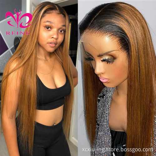 Pre Plucked Ombre 30 Lace Front Wig, Transparent Frontal Ombre Brown Dark Highlight Wig, Human Hair Honey Blonde HD Lace  Wig